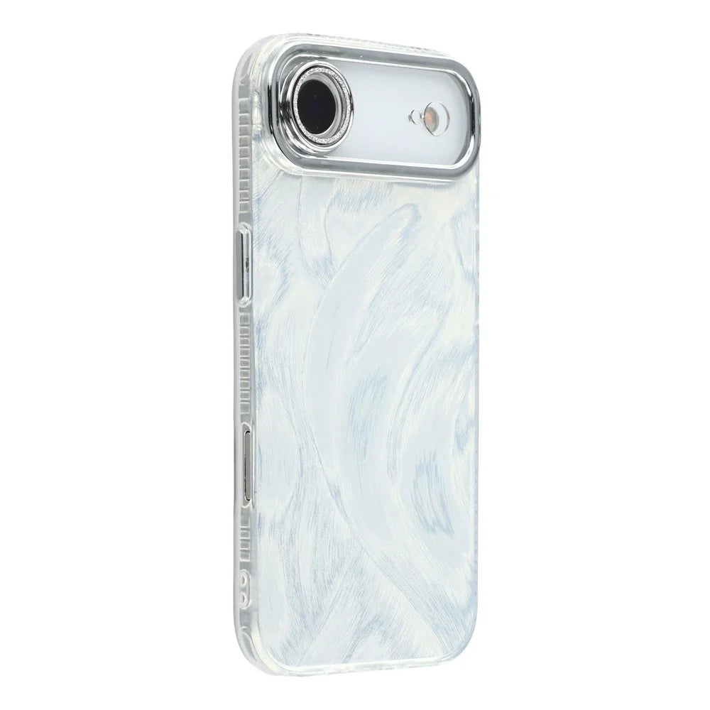 For iPhone Air Case IMD Design Shockproof Hybrid Phone Cover with Glass Lens Film - Feather Yarn Pattern  /  Silver - 1