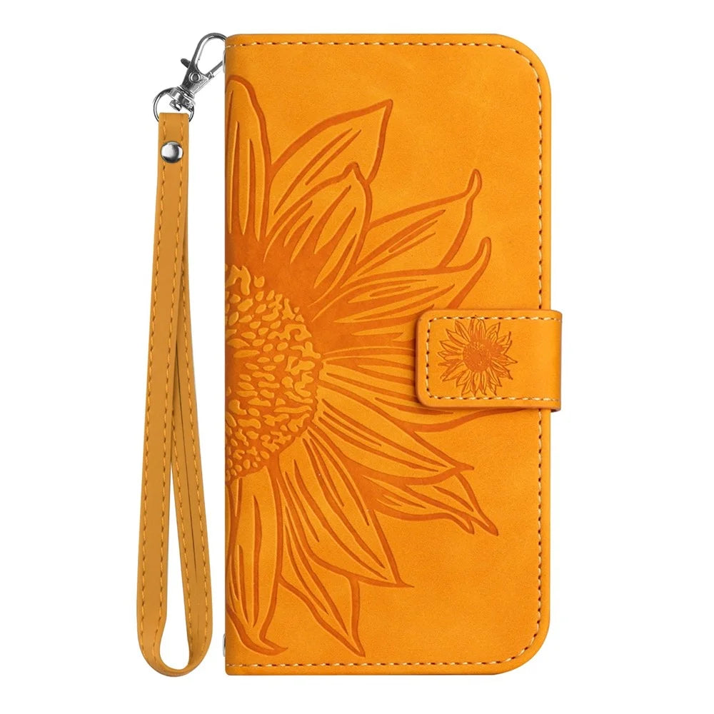 Anti-scratch Flip Phone Case For Samsung Galaxy A13 4G HT04 Imprinted Sunflower Stand PU Leather Skin-Touch Magnetic Wallet Cover with Strap - Yellow - 2