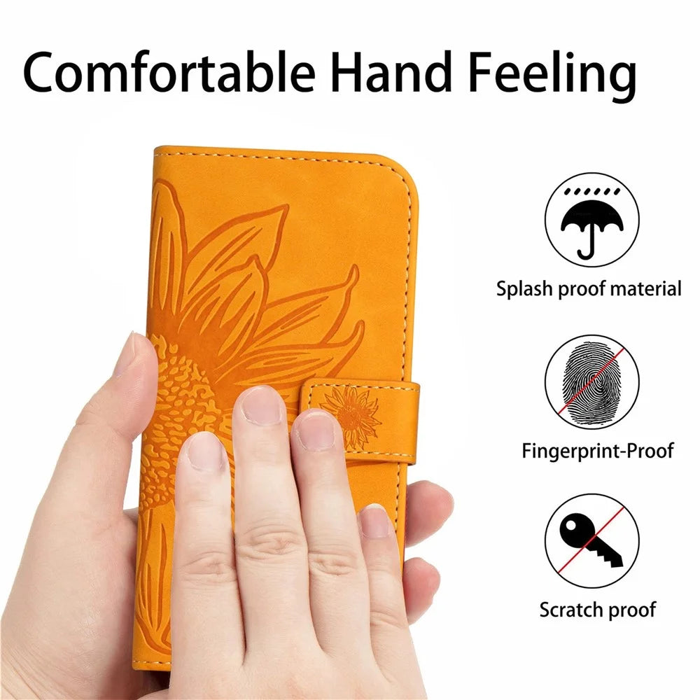 Anti-scratch Flip Phone Case For Samsung Galaxy A13 4G HT04 Imprinted Sunflower Stand PU Leather Skin-Touch Magnetic Wallet Cover with Strap - Yellow - 5
