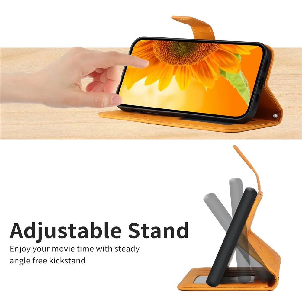 Anti-scratch Flip Phone Case For Samsung Galaxy A13 4G HT04 Imprinted Sunflower Stand PU Leather Skin-Touch Magnetic Wallet Cover with Strap - Yellow - 6