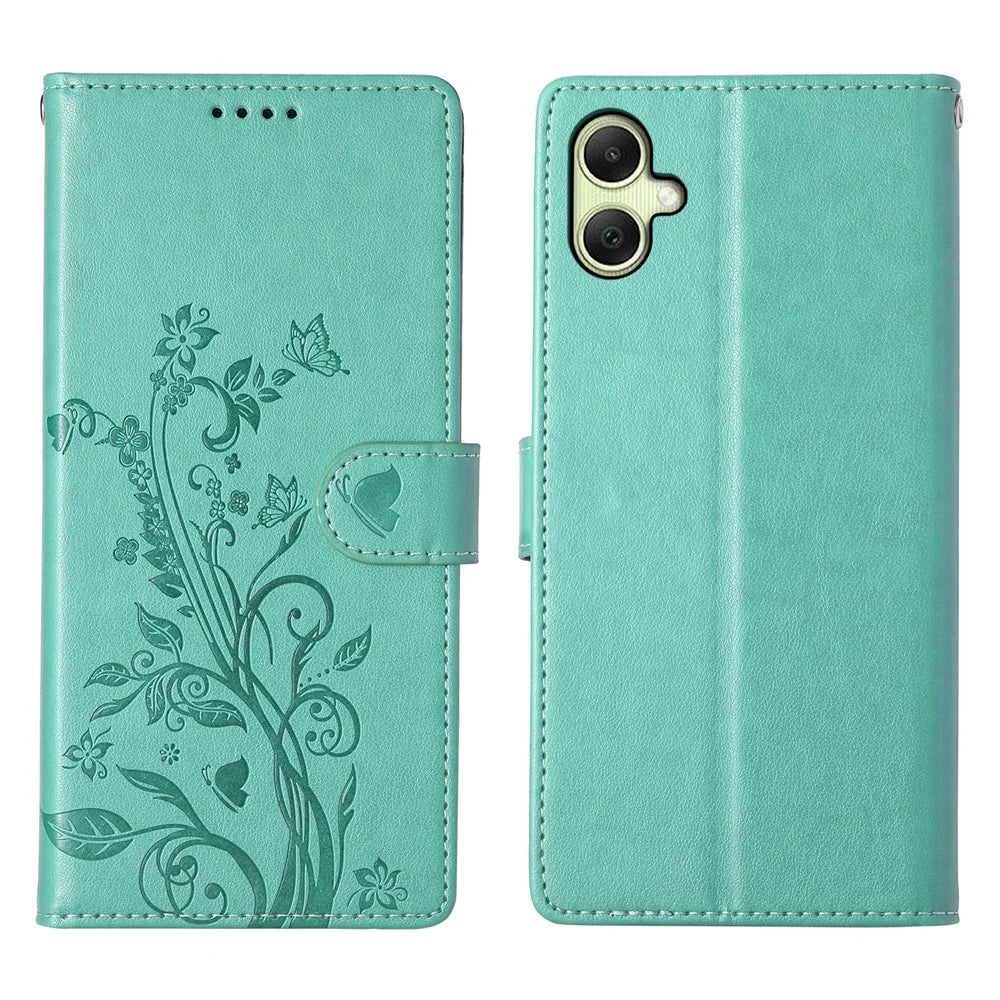 For Samsung Galaxy A08 5G / A08 4G / A07 5G / A07 4G Wallet Case Butterfly Floral Imprint PU Leather Phone Cover with Wrist Strap - Green - 1