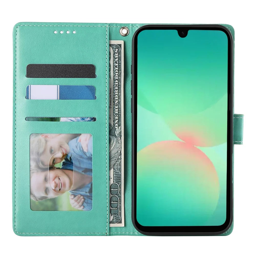 For Samsung Galaxy S25 FE Wallet Case Butterfly Floral Imprint PU Leather Phone Cover with Wrist Strap - Green - 4