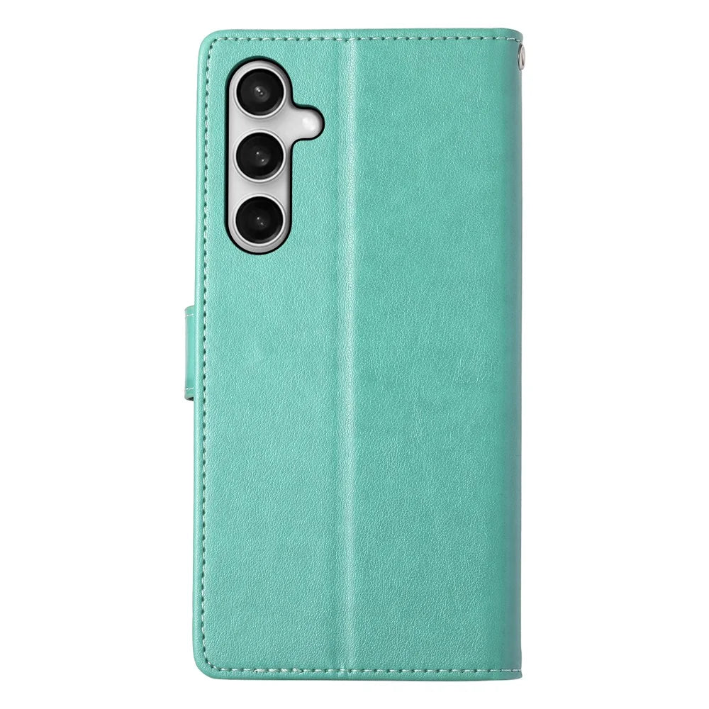 For Samsung Galaxy S25 FE Wallet Case Butterfly Floral Imprint PU Leather Phone Cover with Wrist Strap - Green - 7