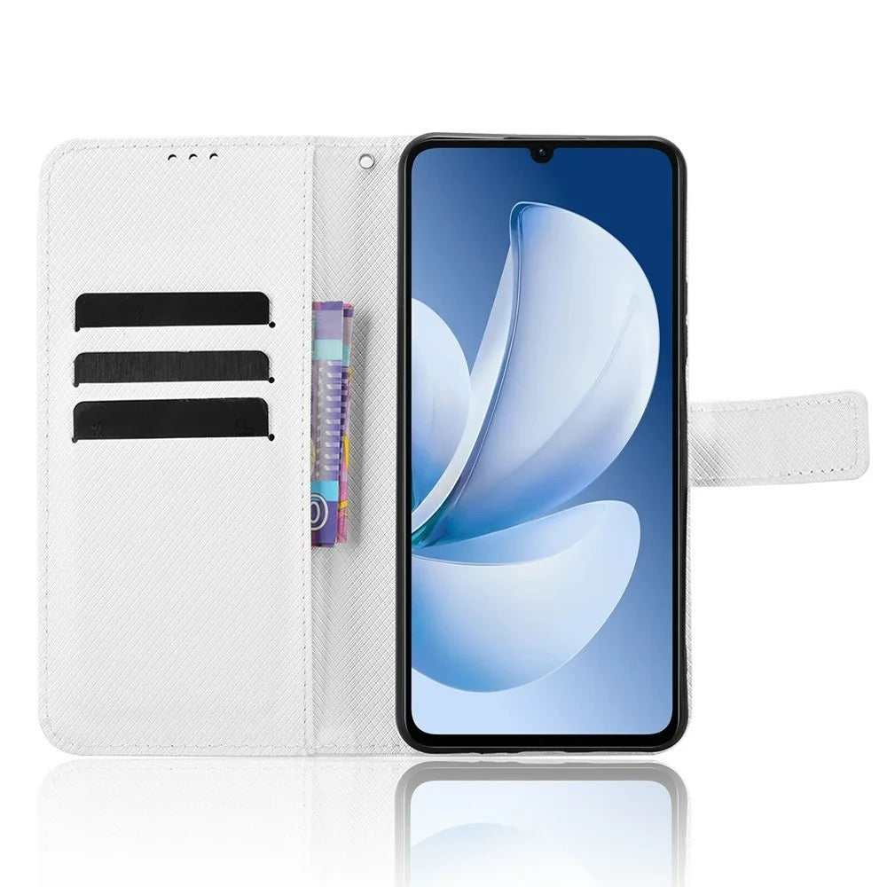 Leather Wallet Case for Realme Note 70T 4G / Narzo 80 Lite 4G / Realme C71 4G (India) Diamond Texture Phone Cover with Strap - White - 3