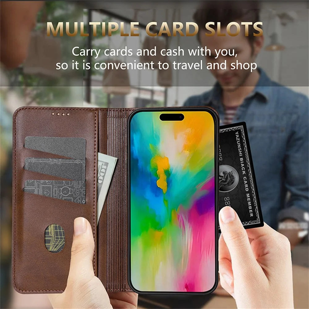 AZNS For iPhone 17 Case Cowhide Texture PU Leather Wallet Phone Cover - Coffee - 5