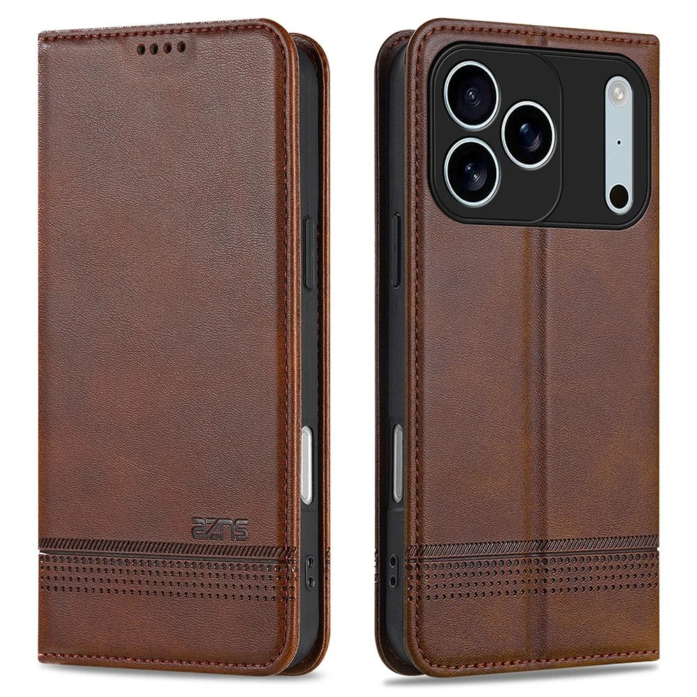 AZNS For iPhone 18 Pro / 17 Pro Case Cowhide Texture PU Leather Wallet Phone Cover - Coffee - 1