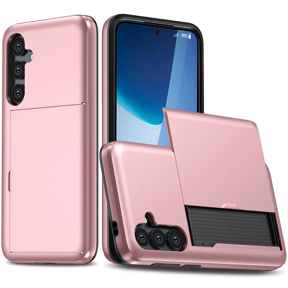 AMORUS For Samsung Galaxy S25 FE Case with Sliding Card Holder PC TPU Phone Back Cover - Rose Gold - 1