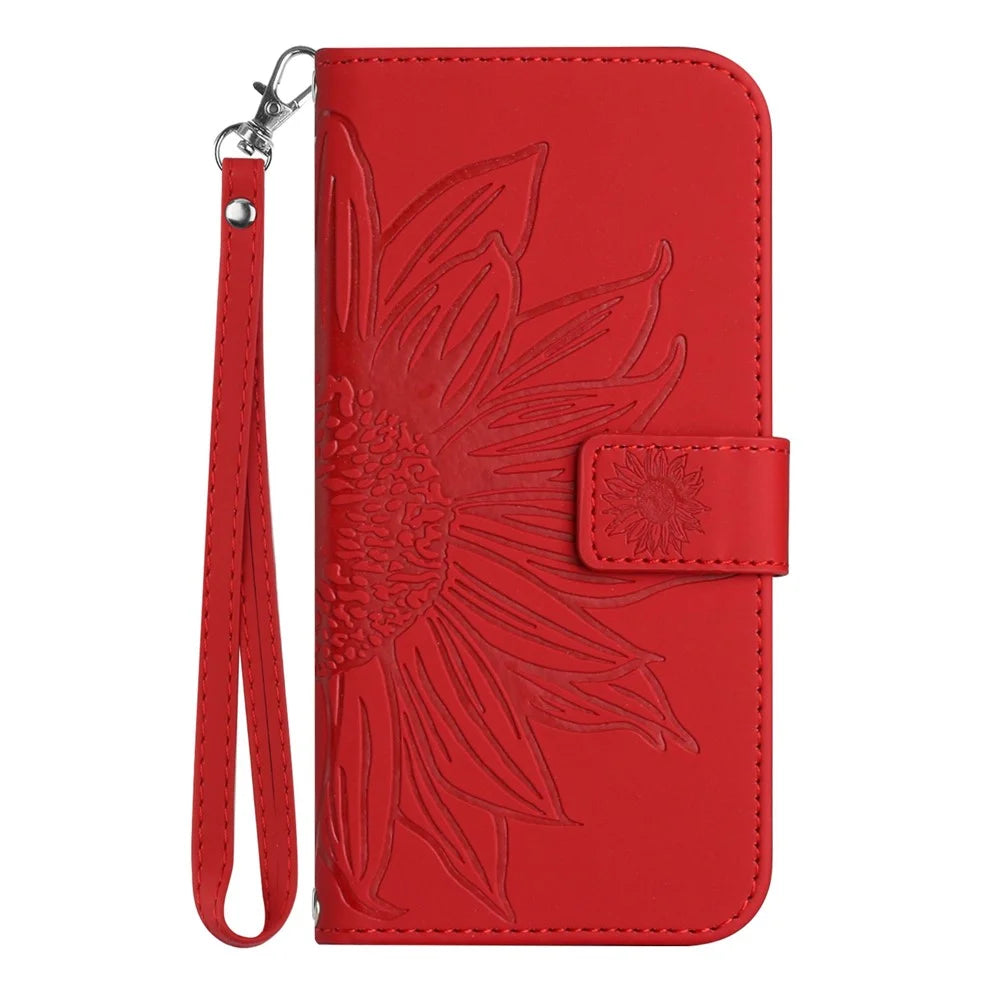 For Samsung Galaxy A32 / M32 5G HT04 PU Leather Shockproof Case Imprinted Sunflower Skin-Touch Phone Stand Wallet Cover with Hand Strap - Red - 2