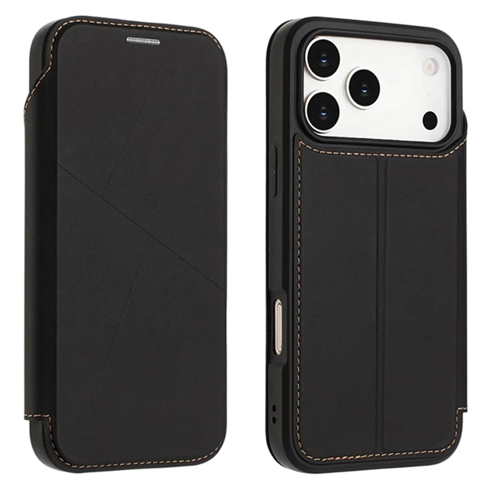 For iPhone 17 Pro Case Magnetic Closure Card Slot Leather Flip Phone Cover - Black - 1
