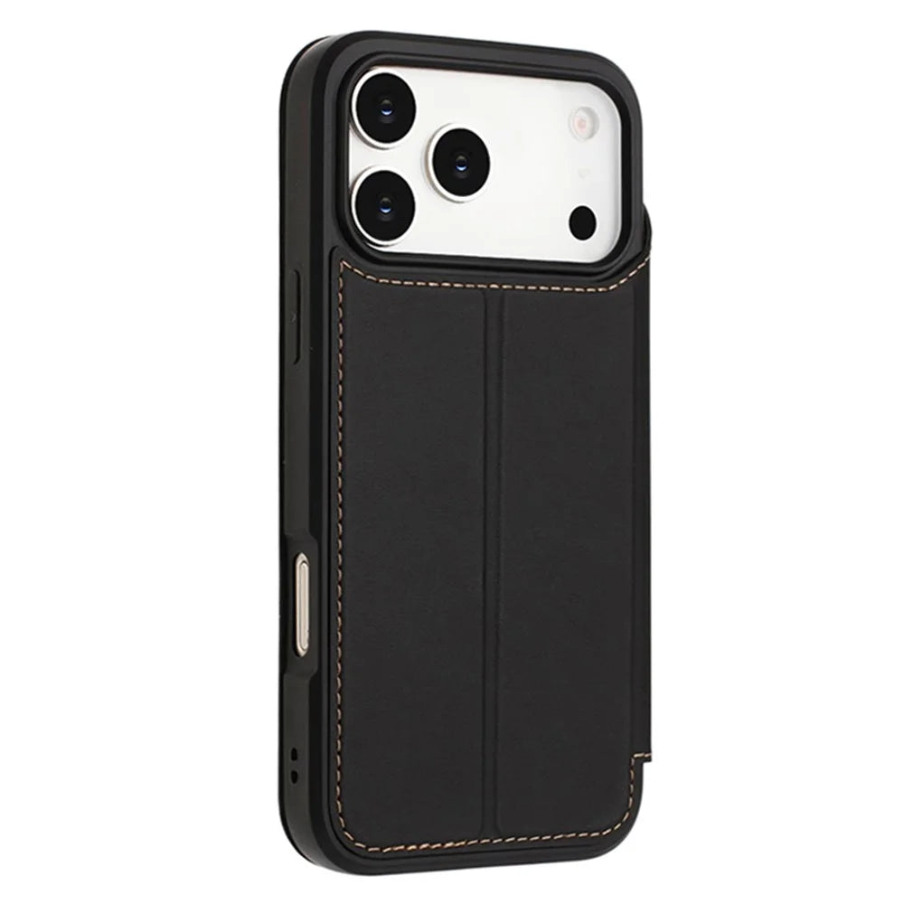 For iPhone 17 Pro Case Magnetic Closure Card Slot Leather Flip Phone Cover - Black - 6
