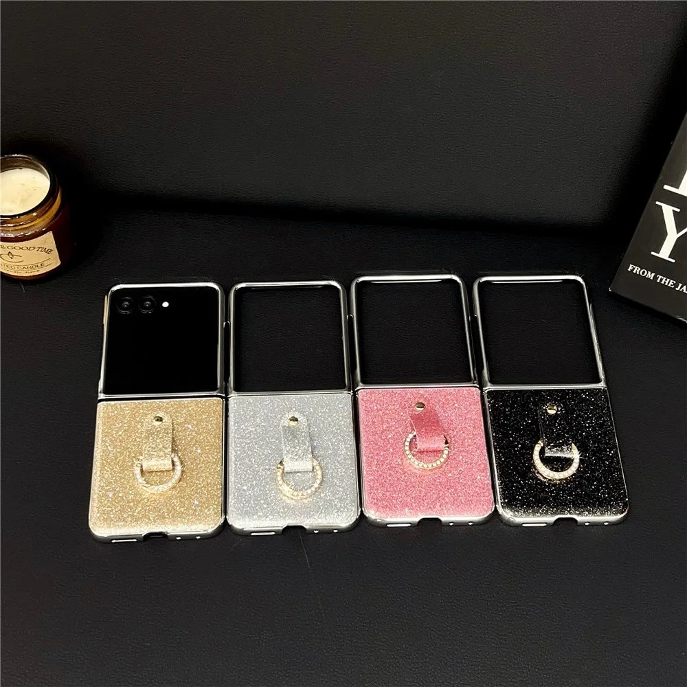 For Samsung Galaxy Z Flip7 5G Case Electroplated Glitter PU Leather + PC Protective Cover with Portable Ring Strap - Gold - 6