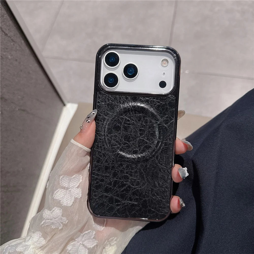 For iPhone 17 Pro Magnetic Case Electroplated Crackle Litchi Texture PU TPU PC Phone Back Cover - Black - 2