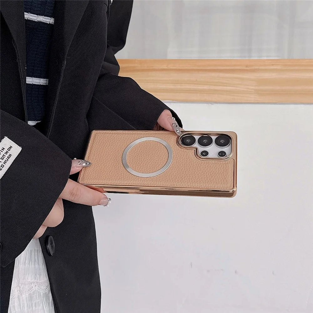 For Samsung Galaxy S25 Ultra Magnetic Case Electroplating Litchi Texture PU TPU PC Phone Back Cover - Gold - 3