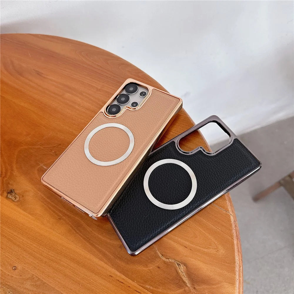 For Samsung Galaxy S25 Ultra Magnetic Case Electroplating Litchi Texture PU TPU PC Phone Back Cover - Gold - 4