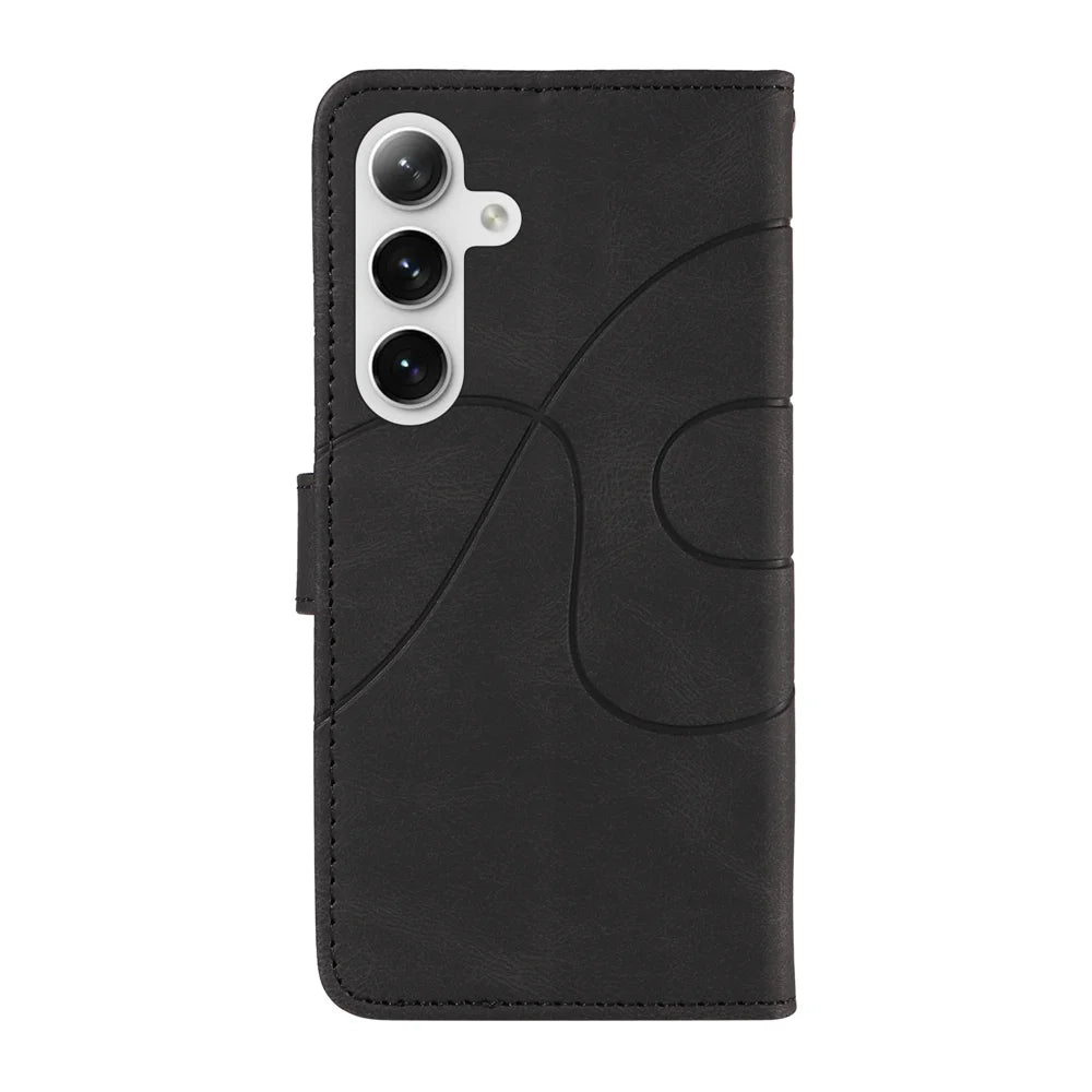 For Samsung Galaxy S24+ / Galaxy S25+ Wallet Case Leather Phone Cover Stand with Curved Line Design -  Black - 7