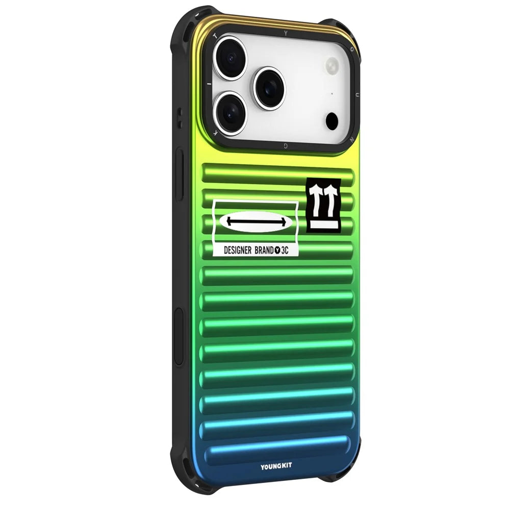 YOUNGKIT For iPhone 17 Pro Case Suitcase Style TPU + Aluminium Alloy Laser Gradient Phone Cover - Orange  /  Green  /  Blue - 1