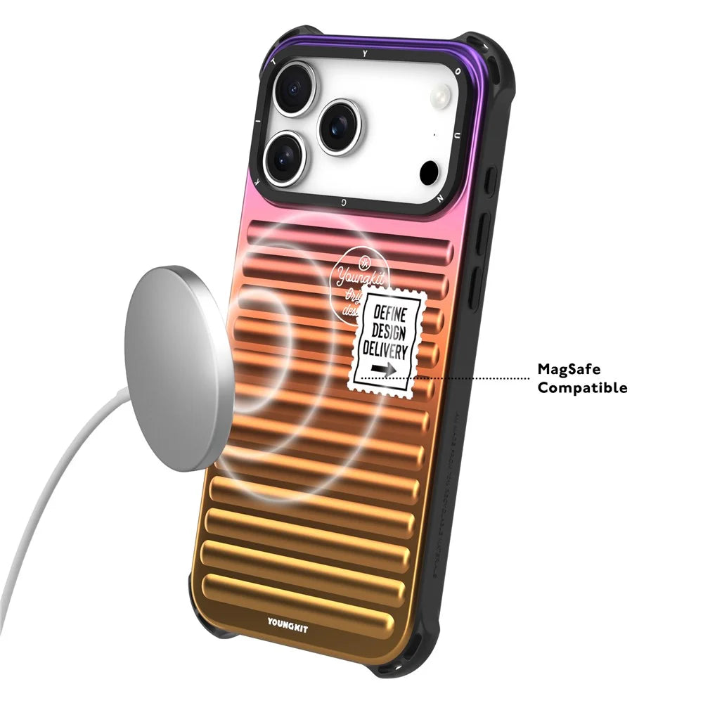 YOUNGKIT For iPhone 17 Pro Case Suitcase Style TPU + Aluminium Alloy Laser Gradient Phone Cover - Orange  /  Green  /  Blue - 5