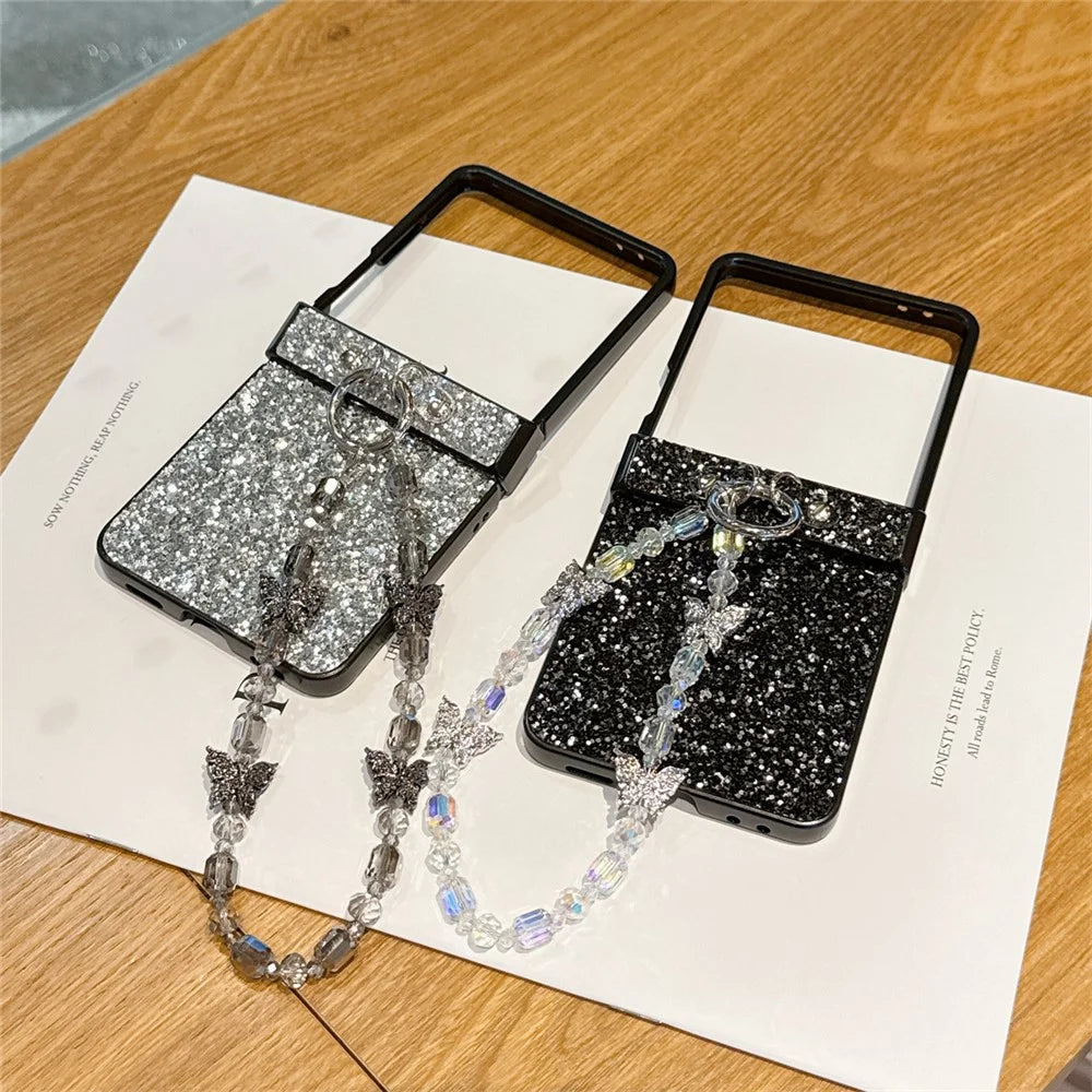 For Samsung Galaxy Z Flip7 5G Case Glitter Rhinestone TPU PC Phone Cover with Butterfly Wrist Strap - Silver - 7