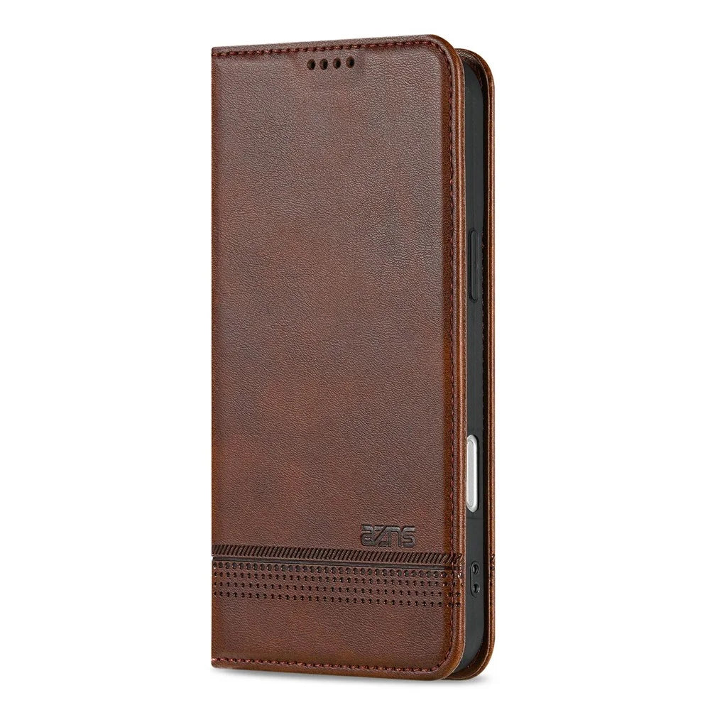 AZNS For iPhone Air Case Cowhide Texture PU Leather Wallet Phone Cover - Coffee - 5
