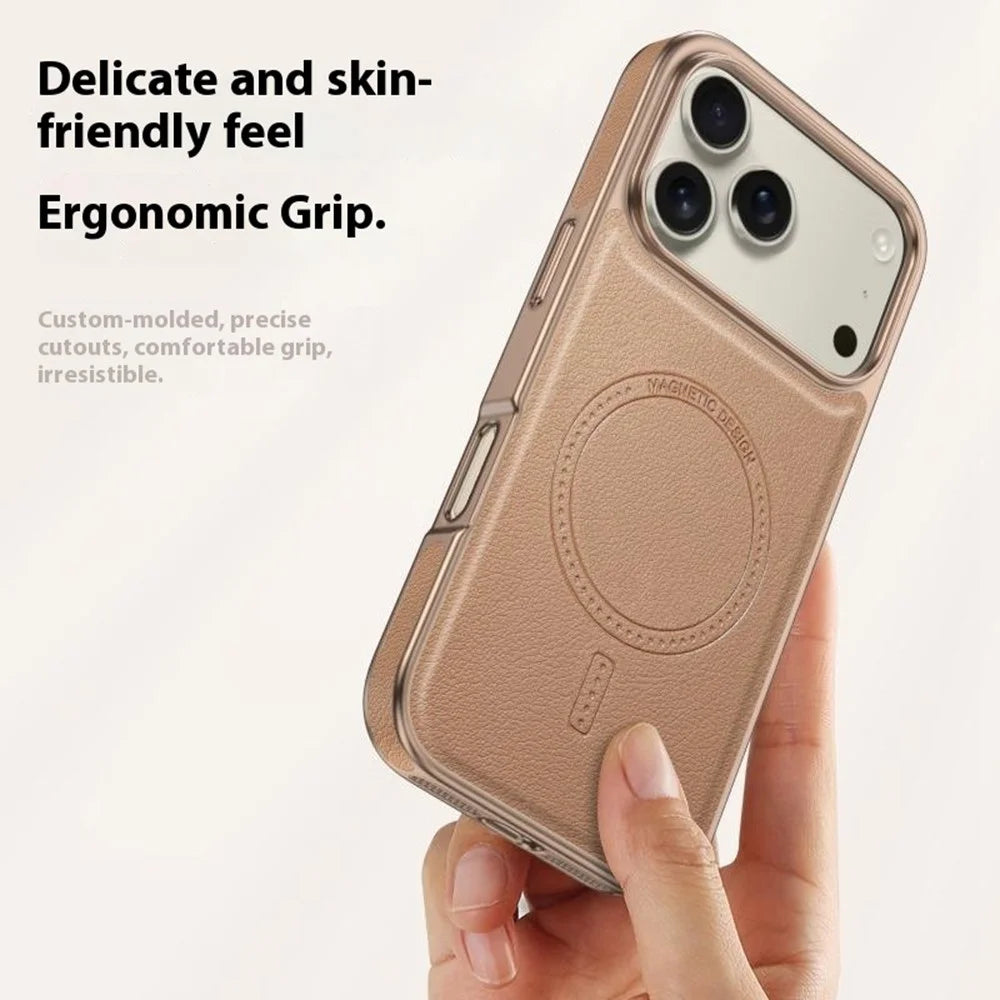 For iPhone 17 Pro Max Magnetic Case Electroplating Edge PU + TPU + PC Phone Cover - Desert Gold - 5