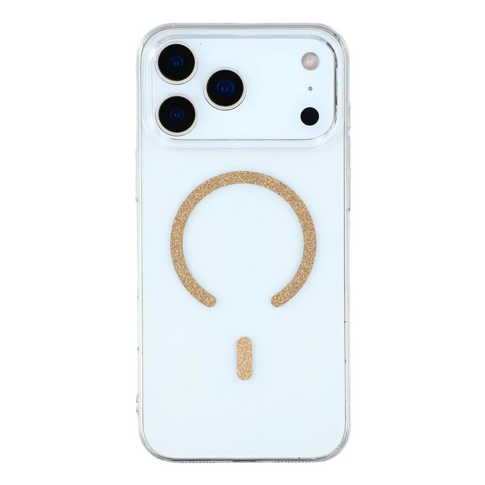 For iPhone 17 Pro Max Magnetic Case Glitter Ring 1.5mm Hard PC Clear Phone Cover - Gold - 1