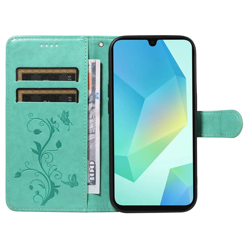 For Samsung Galaxy A18 5G / A17 5G / A26 5G / A16 5G  / A16 4G  PU Leather Cases Flower Pattern Wallet Stand Phone Cover with Strap - Green - 2