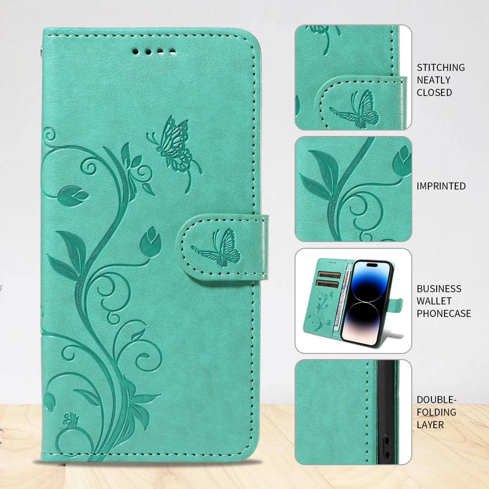 For Samsung Galaxy A18 5G / A17 5G / A26 5G / A16 5G  / A16 4G  PU Leather Cases Flower Pattern Wallet Stand Phone Cover with Strap - Green - 4