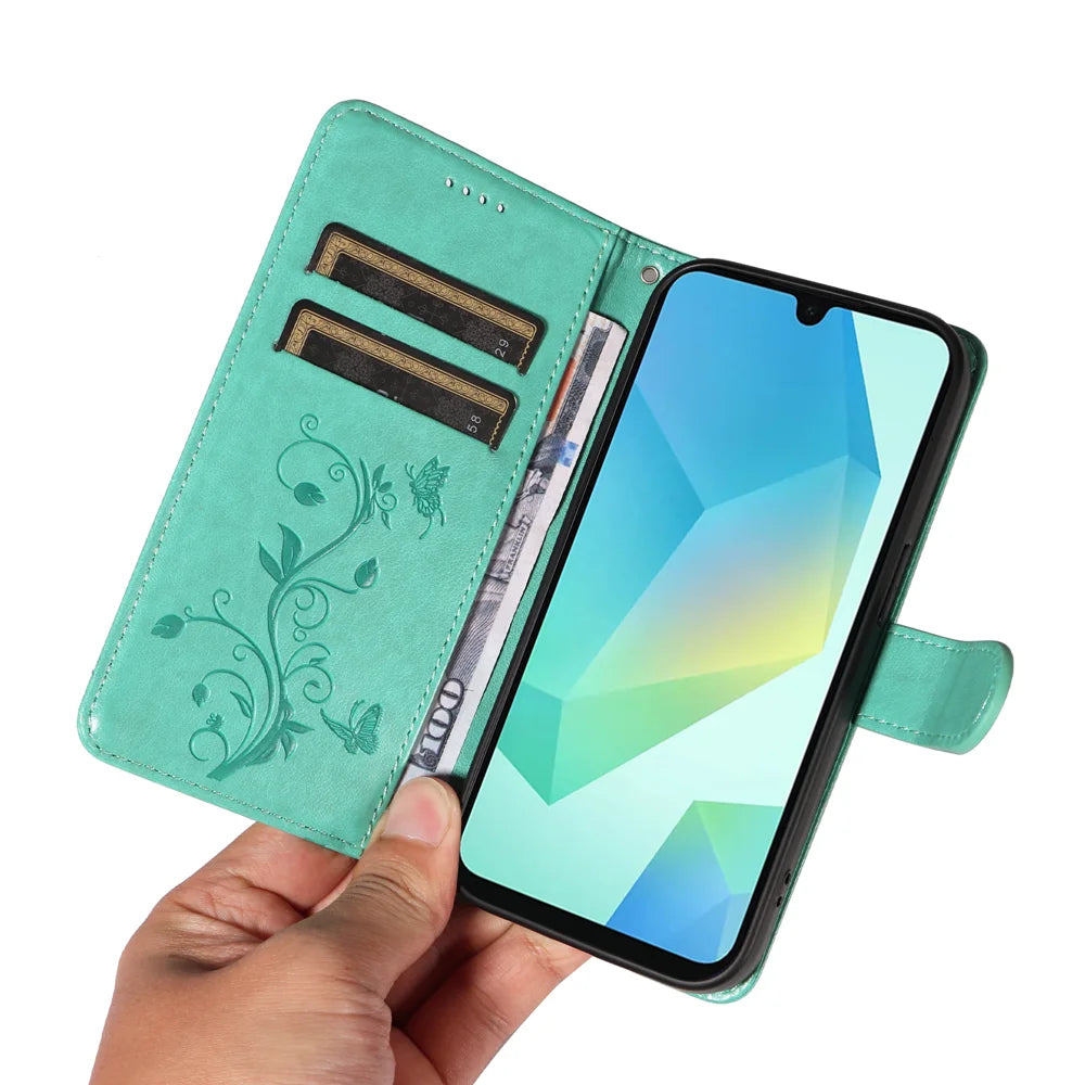 For Samsung Galaxy A18 5G / A17 5G / A26 5G / A16 5G  / A16 4G  PU Leather Cases Flower Pattern Wallet Stand Phone Cover with Strap - Green - 7