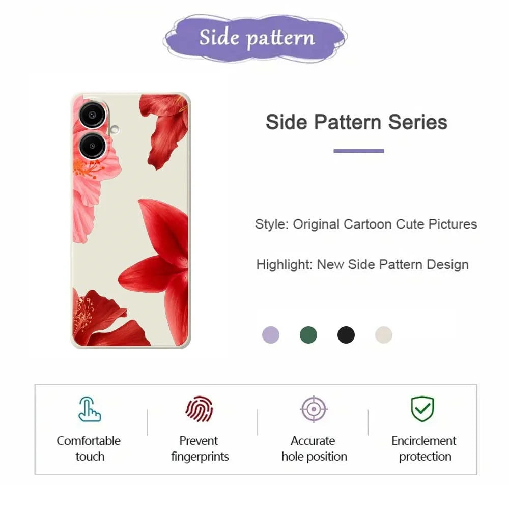 For Samsung Galaxy A08 5G / A08 4G / A07 5G / A07 4G Case Red Flower Pattern Printing Straight Edge TPU Phone Back Cover - Beige - 2