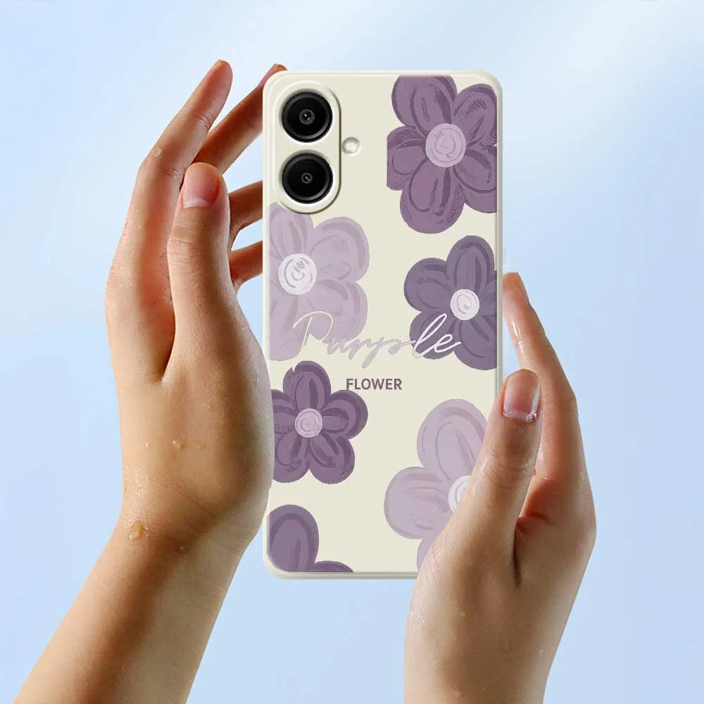 For Samsung Galaxy A08 5G / A08 4G / A07 5G / A07 4G Case Purple Flower Pattern Printing Straight Edge TPU Phone Back Cover - Beige - 6