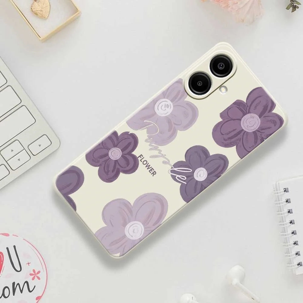 For Samsung Galaxy A08 5G / A08 4G / A07 5G / A07 4G Case Purple Flower Pattern Printing Straight Edge TPU Phone Back Cover - Beige - 7