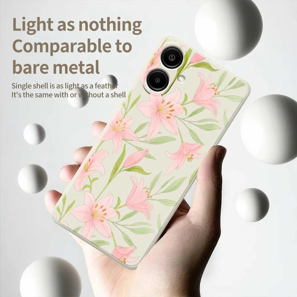 For Samsung Galaxy A08 5G / A08 4G / A07 5G / A07 4G Case Pink Lilies Pattern Printing Straight Edge TPU Phone Back Cover - Beige - 4