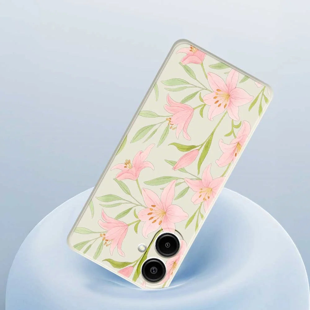 For Samsung Galaxy A08 5G / A08 4G / A07 5G / A07 4G Case Pink Lilies Pattern Printing Straight Edge TPU Phone Back Cover - Beige - 5