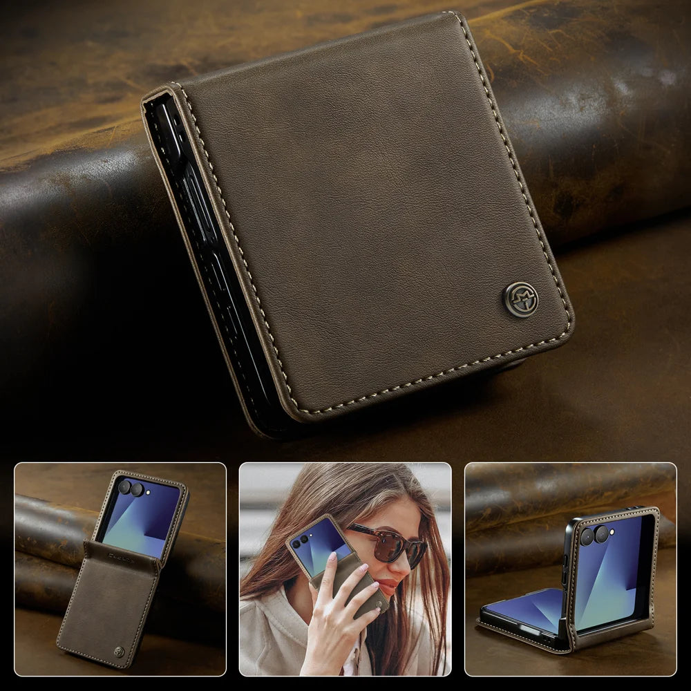 CASEME For Samsung Galaxy Z Flip7 5G Case  033 Series RFID Blocking Wallet Stand Calf Texture Leather Phone Cover - Coffee - 4