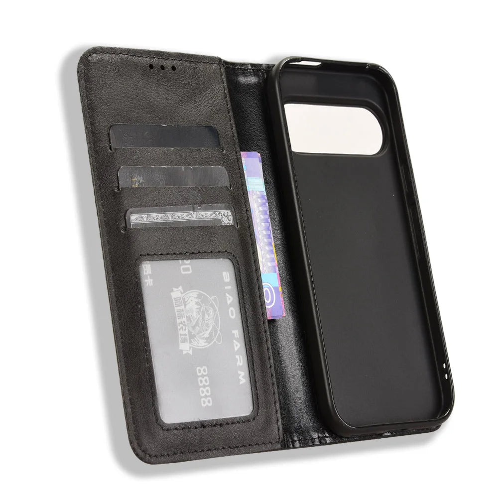 For Google Pixel 10 Pro XL Leather Case Wallet Stand Retro Texture Phone Cover - Black - 5