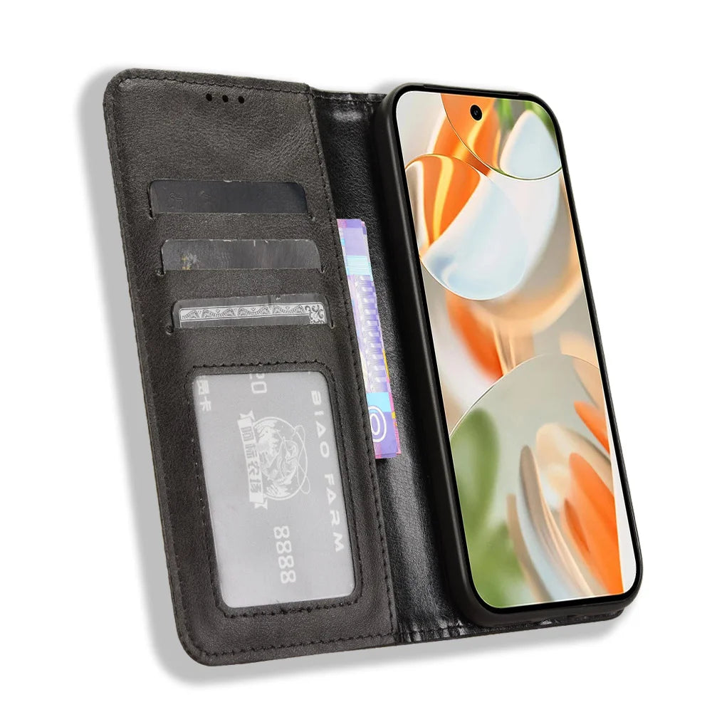 For Google Pixel 10 Pro XL Leather Case Wallet Stand Retro Texture Phone Cover - Black - 6