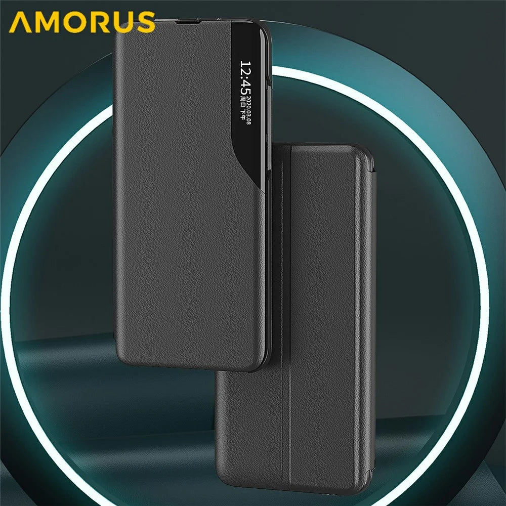 AMORUS For Samsung Galaxy S25 Case View Window Stand PU Leather Phone Cover - Black - 2