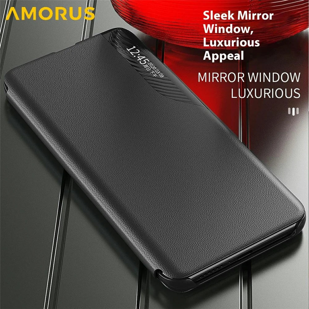 AMORUS For Samsung Galaxy A16 4G / 5G Case View Window Stand PU Leather Phone Cover - Black - 4