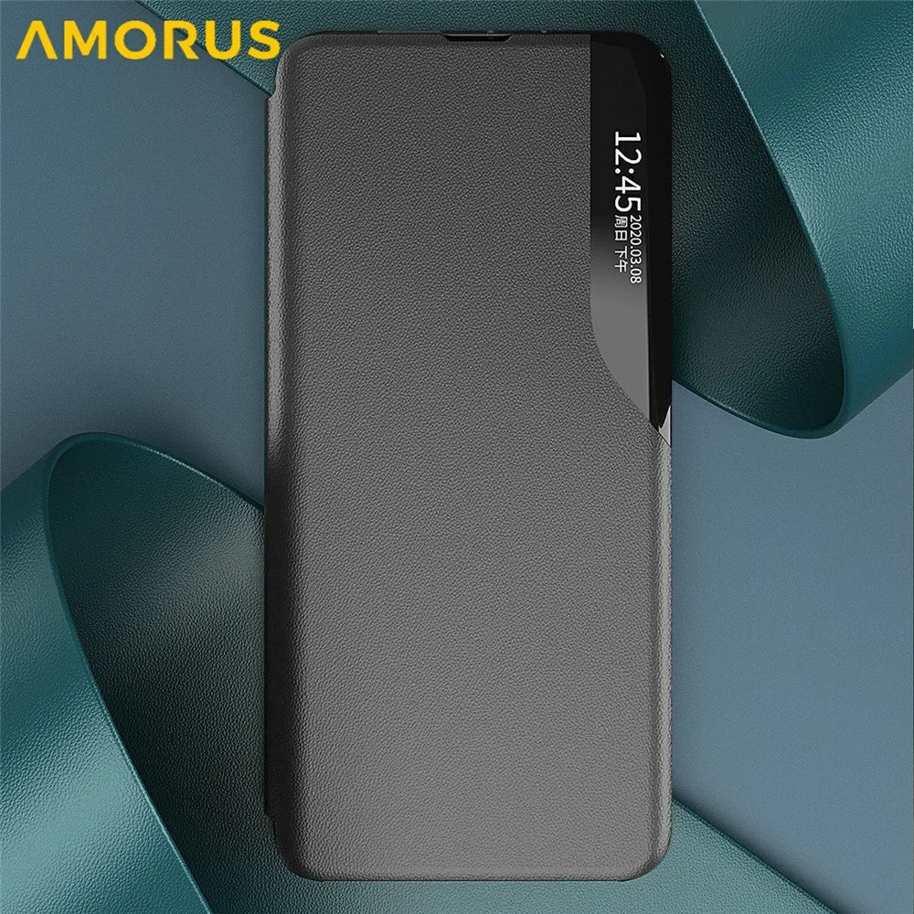 AMORUS For Samsung Galaxy A16 4G / 5G Case View Window Stand PU Leather Phone Cover - Black - 5