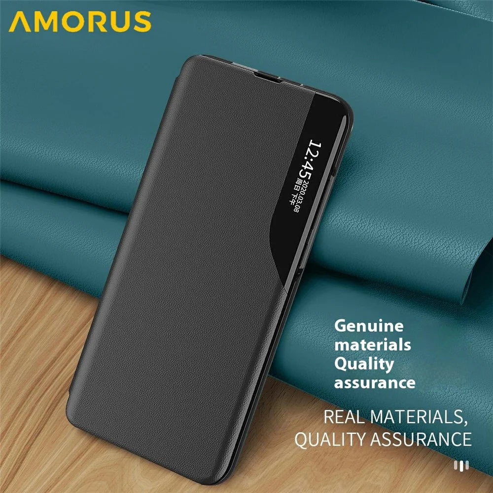 AMORUS For Samsung Galaxy A16 4G / 5G Case View Window Stand PU Leather Phone Cover - Black - 6