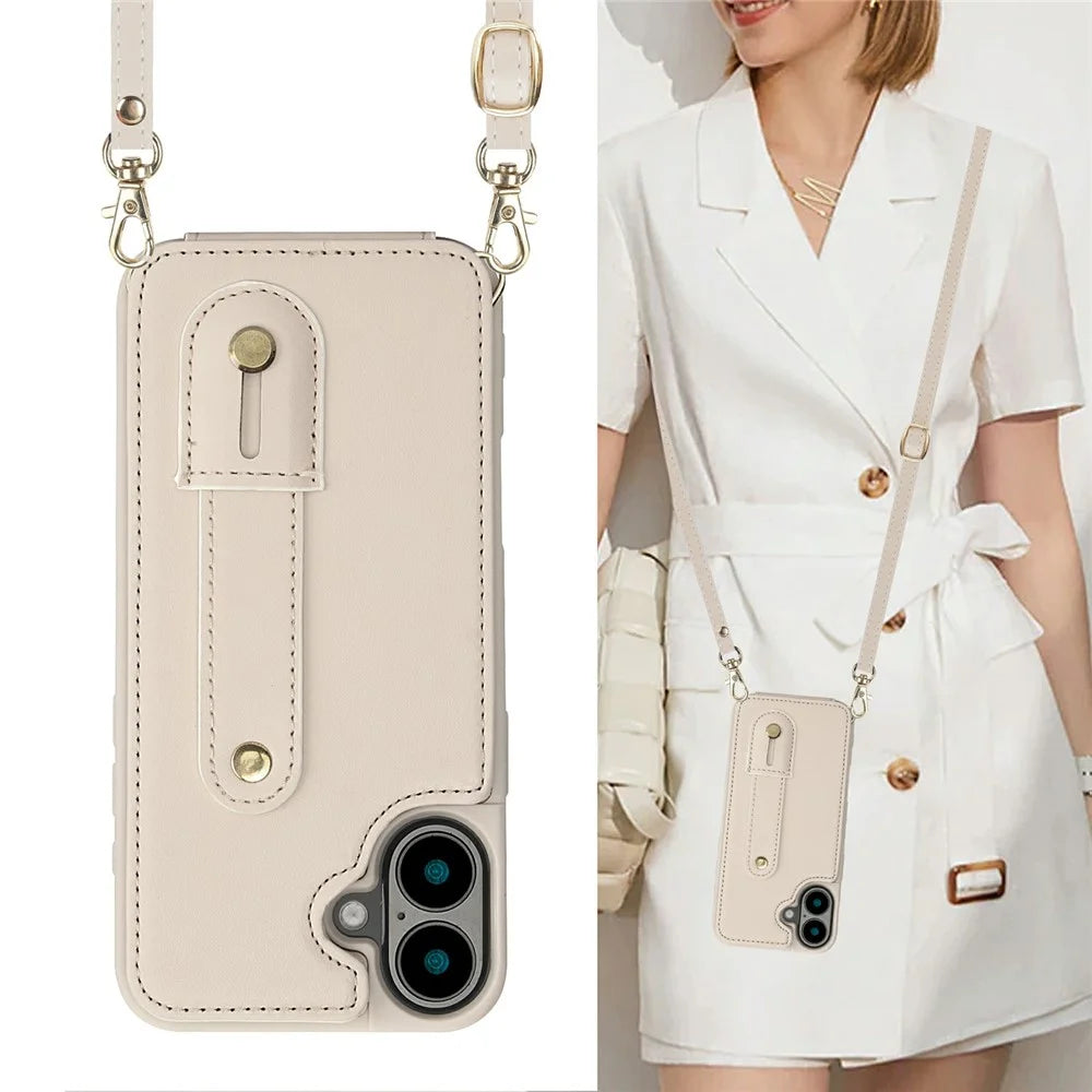 For iPhone 17 Case Kickstand Card Slots Leather Coated TPU Cover with Shoulder Strap - Beige - 7
