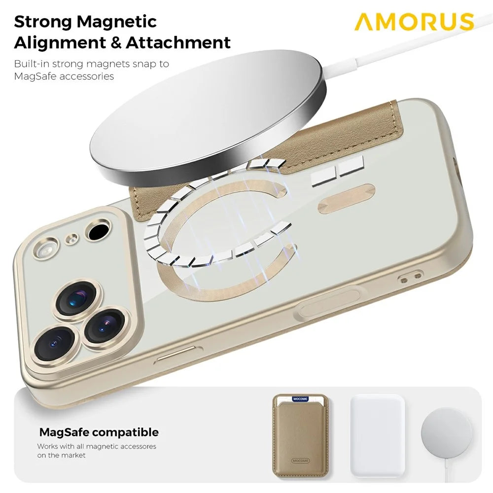 AMORUS For iPhone 17 Pro Case Compatible with MagSafe RFID Blocking Card Holder Leather Phone Cover - Desert Gold - 7