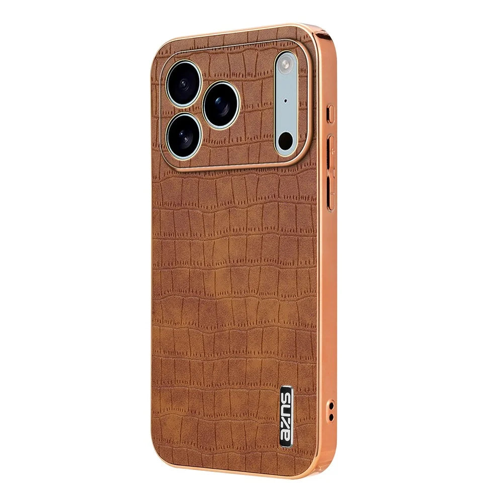 AZNS For iPhone 18 Pro / 17 Pro Case Electroplating Crocodile Texture PU + TPU Phone Cover - Brown - 1