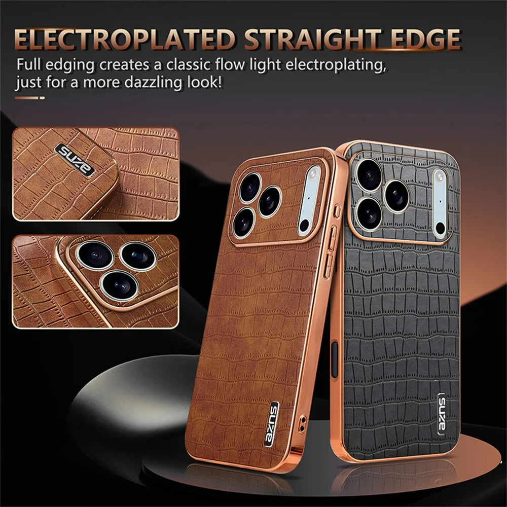 AZNS For iPhone 18 Pro / 17 Pro Case Electroplating Crocodile Texture PU + TPU Phone Cover - Brown - 3