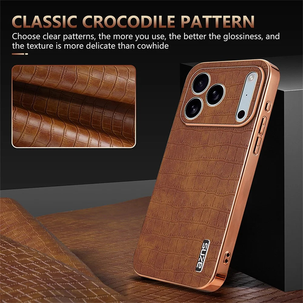 AZNS For iPhone 18 Pro / 17 Pro Case Electroplating Crocodile Texture PU + TPU Phone Cover - Brown - 4