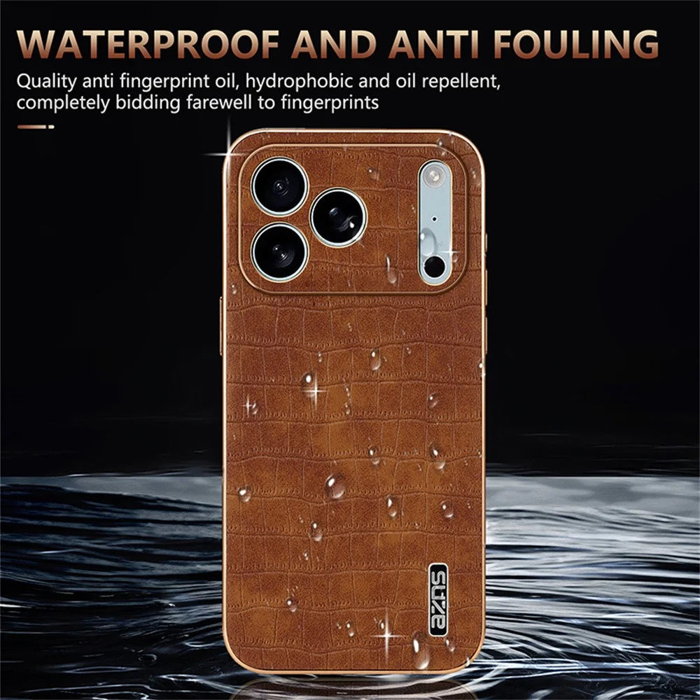 AZNS For iPhone 18 Pro / 17 Pro Case Electroplating Crocodile Texture PU + TPU Phone Cover - Brown - 5