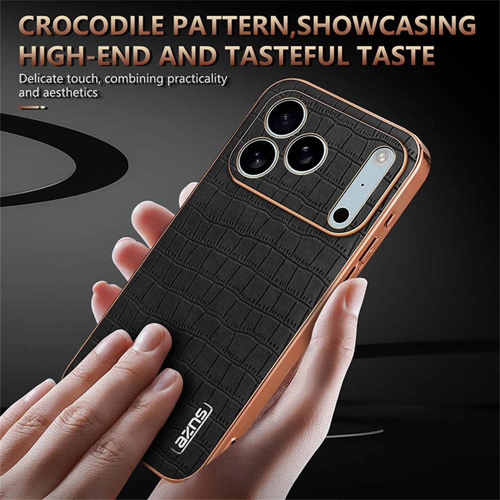 AZNS For iPhone 18 Pro / 17 Pro Case Electroplating Crocodile Texture PU + TPU Phone Cover - Brown - 7