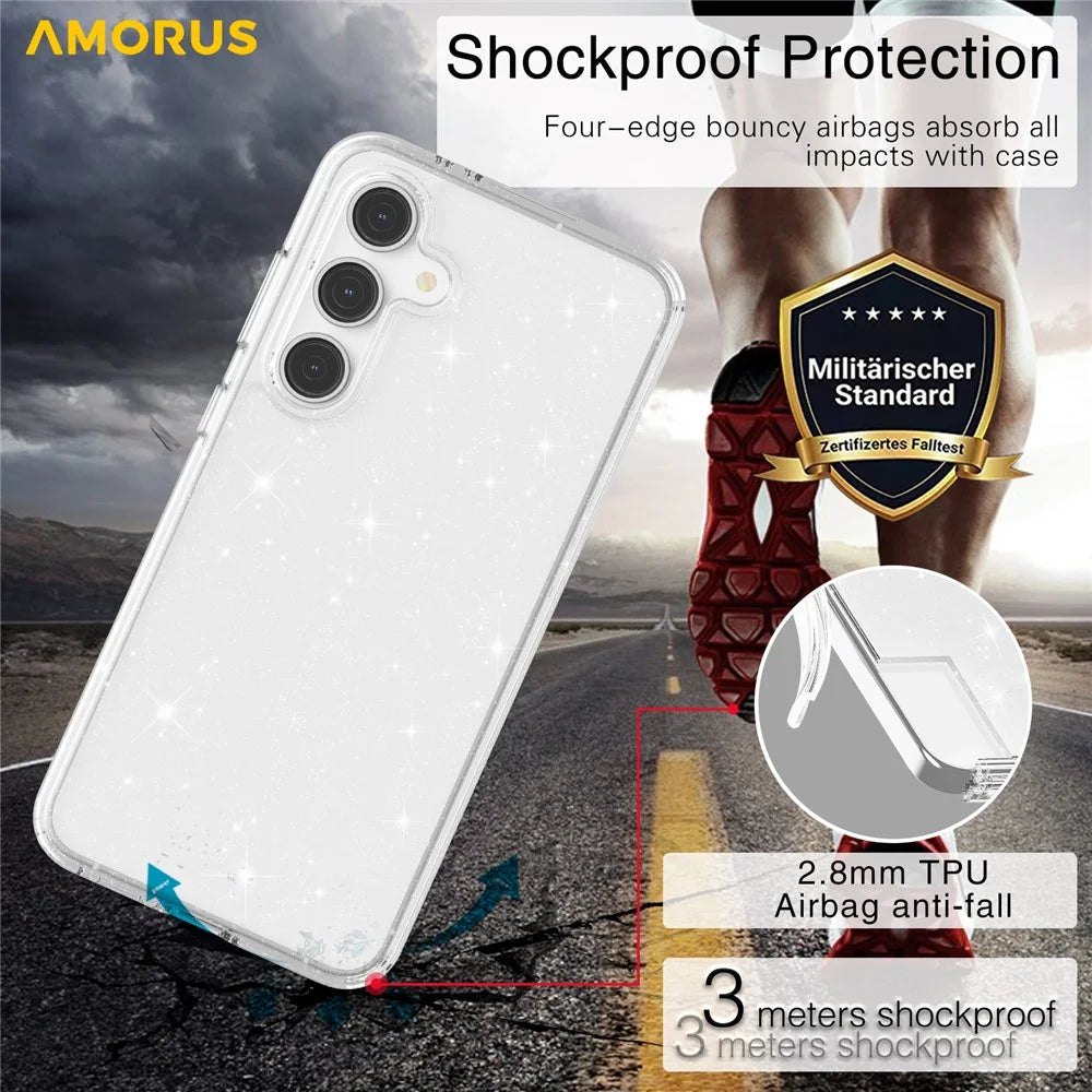 AMORUS For Samsung Galaxy S23 FE Case Soft TPU Hard PC Back Shockproof Phone Cover - Glitter White - 7