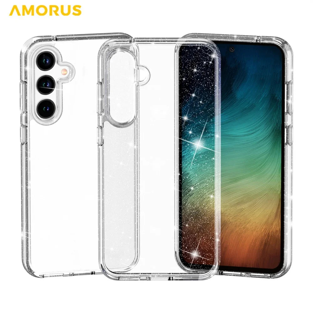 AMORUS For Samsung Galaxy A55 5G Case Soft TPU Hard PC Back Shockproof Phone Cover - Glitter White - 3
