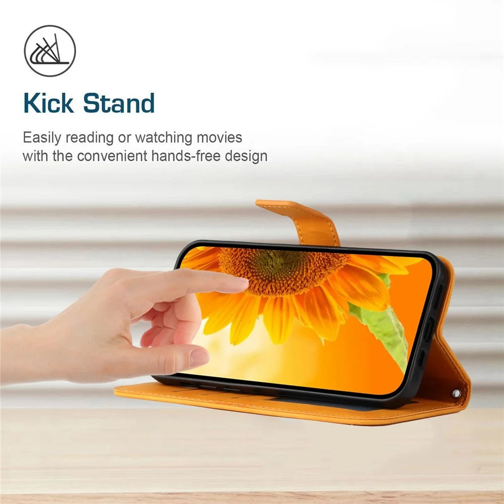 For iPhone 11 6.1 inch HT04 PU Leather Imprinted Sunflower Drop-proof Phone Case Skin-touch Wallet Stand Protector with Shoulder Strap - Yellow - 3